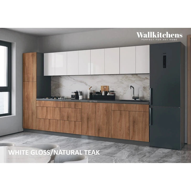 Collection Élégante Cuisine Teck Naturel & Base Couleur Noire Taille 11 Pieds de Large - 135x24