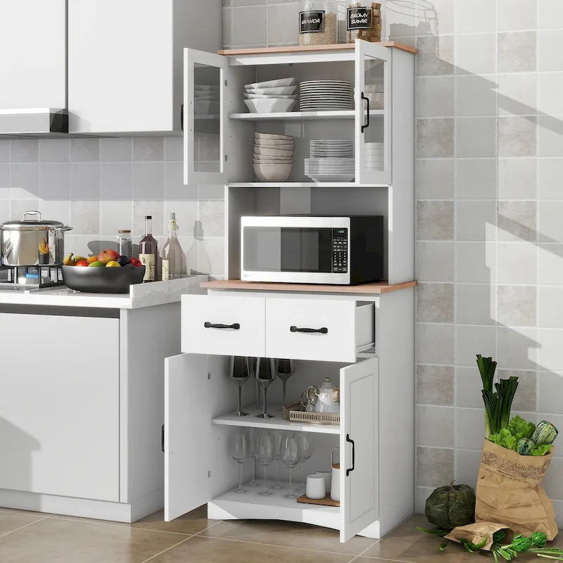 Meuble de Cuisine en Bois Blanc, Armoire de Rangement pour Cellier, Meuble Micro-Ondes avec Portes Vitrées et Tiroir