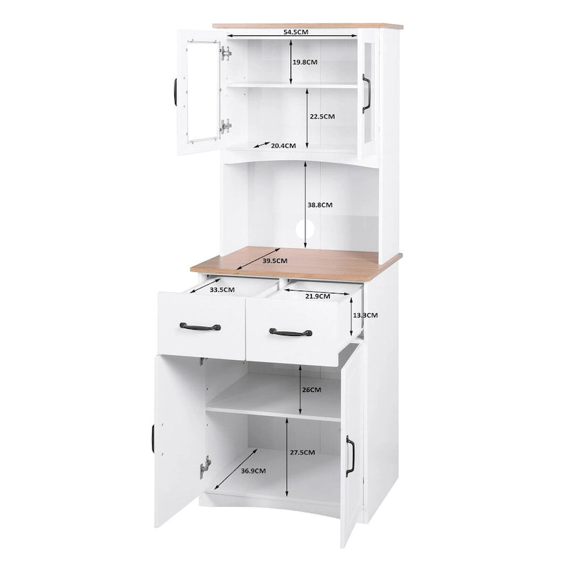 Meuble de Cuisine en Bois Blanc, Armoire de Rangement pour Cellier, Meuble Micro-Ondes avec Portes Vitrées et Tiroir