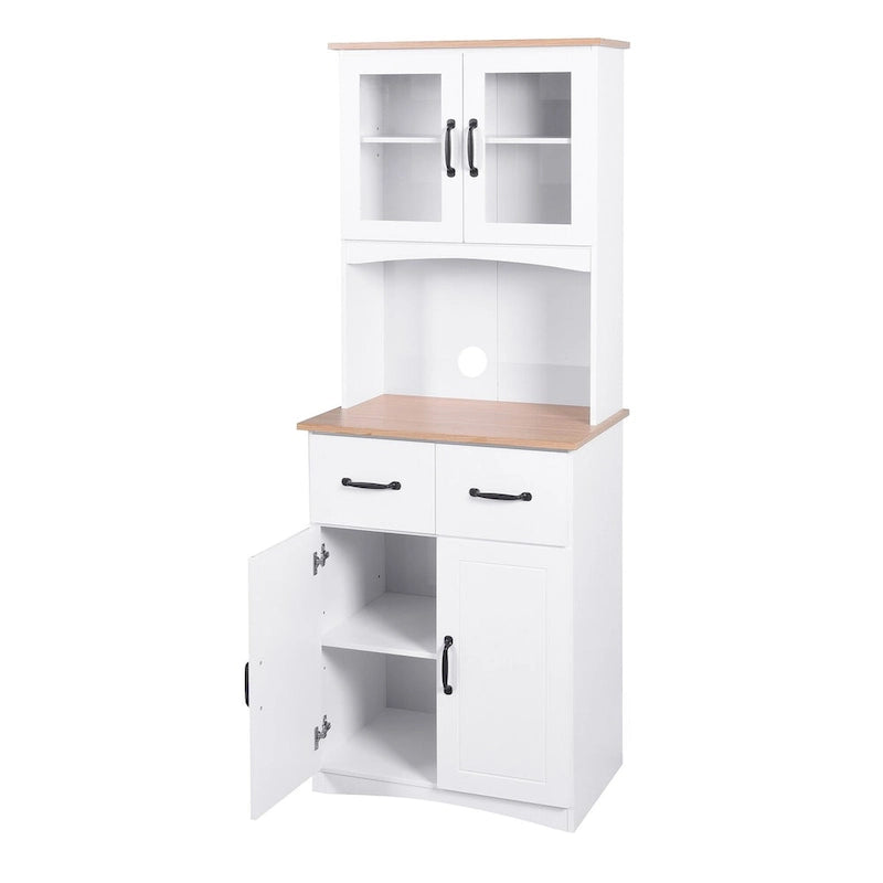Meuble de Cuisine en Bois Blanc, Armoire de Rangement pour Cellier, Meuble Micro-Ondes avec Portes Vitrées et Tiroir