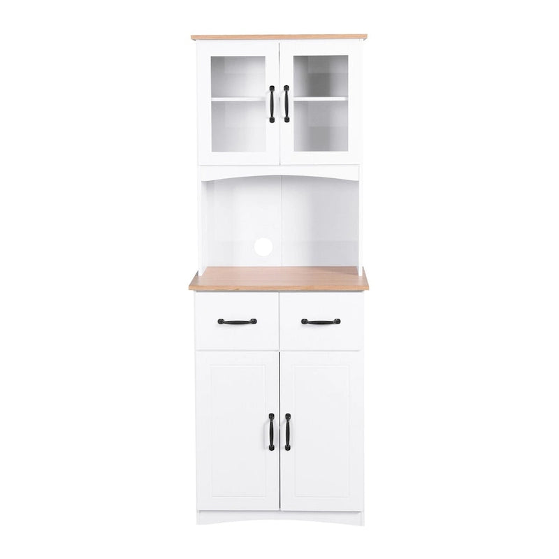 Meuble de Cuisine en Bois Blanc, Armoire de Rangement pour Cellier, Meuble Micro-Ondes avec Portes Vitrées et Tiroir