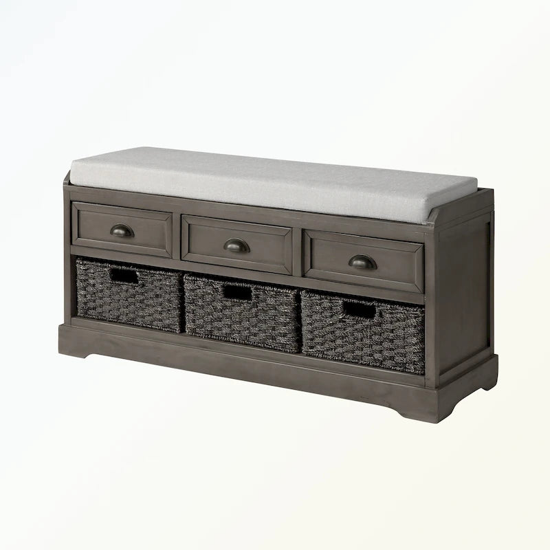 Banc de rangement en bois avec 3 tiroirs et 3 paniers