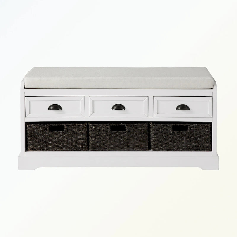 Banc de rangement en bois avec 3 tiroirs et 3 paniers