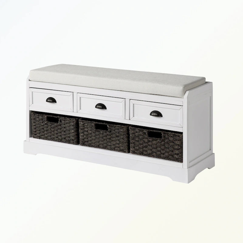 Banc de rangement en bois avec 3 tiroirs et 3 paniers