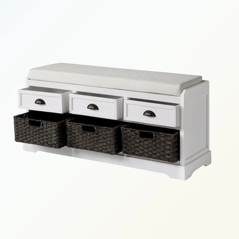 Banc de rangement en bois avec 3 tiroirs et 3 paniers