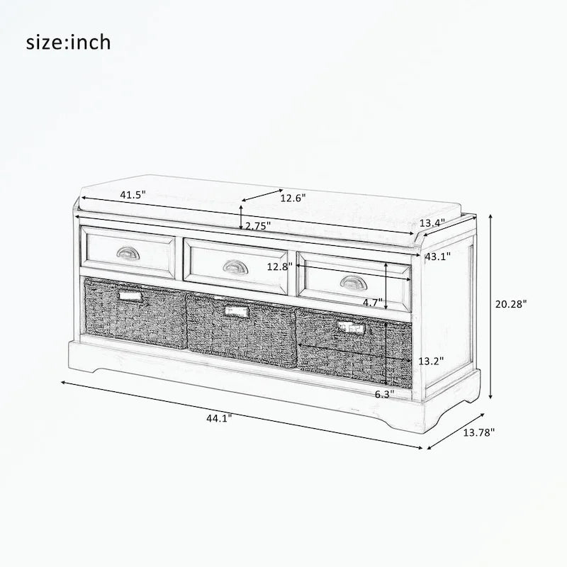 Banc de rangement en bois avec 3 tiroirs et 3 paniers
