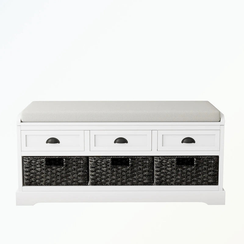 Banc de rangement en bois avec 3 tiroirs et 3 paniers