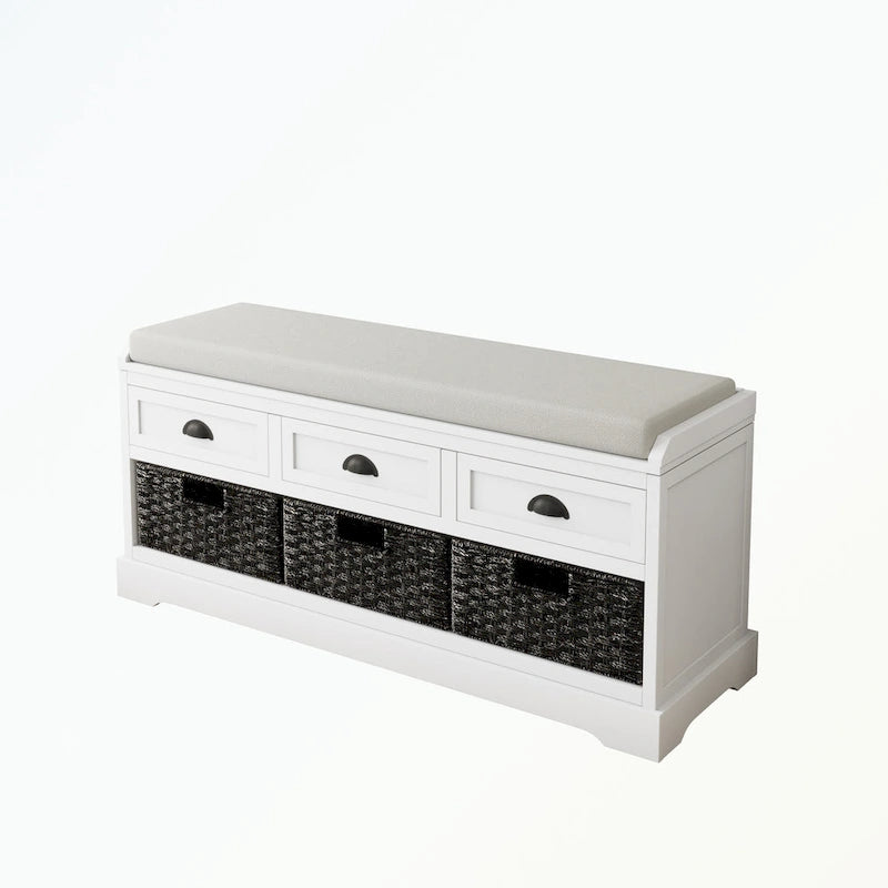 Banc de rangement en bois avec 3 tiroirs et 3 paniers