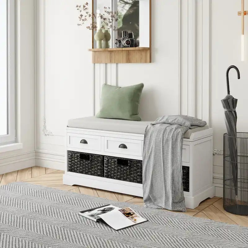 Banc de rangement en bois avec 3 tiroirs et 3 paniers