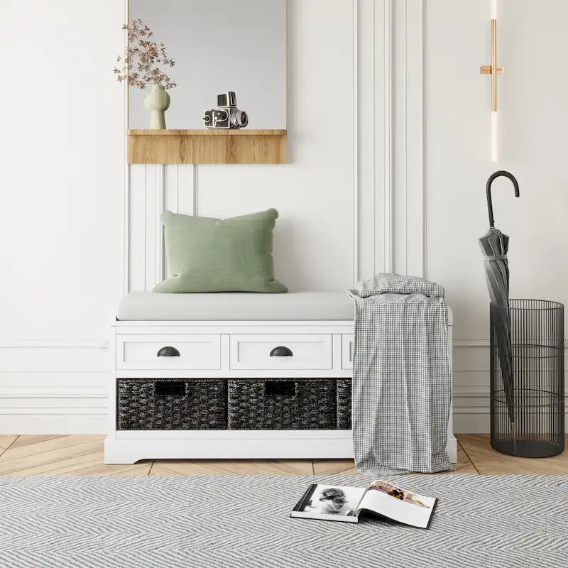 Banc de rangement en bois avec 3 tiroirs et 3 paniers