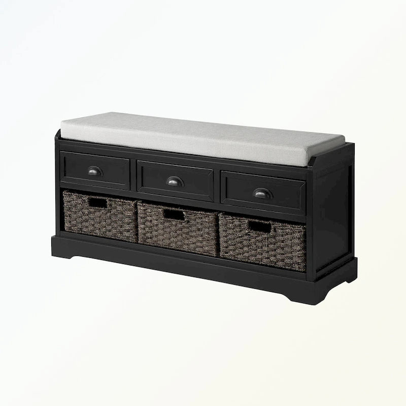 Banc de rangement en bois avec 3 tiroirs et 3 paniers