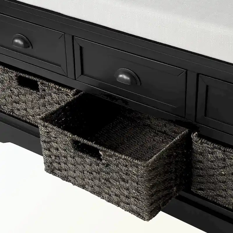 Banc de rangement en bois avec 3 tiroirs et 3 paniers