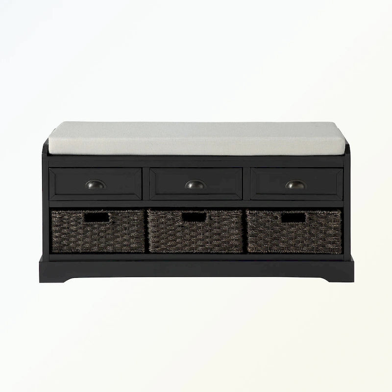 Banc de rangement en bois avec 3 tiroirs et 3 paniers