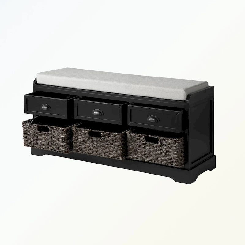 Banc de rangement en bois avec 3 tiroirs et 3 paniers