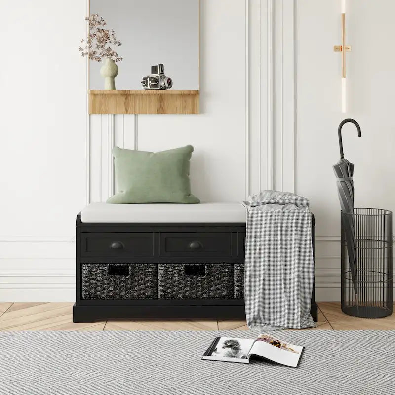 Banc de rangement en bois avec 3 tiroirs et 3 paniers