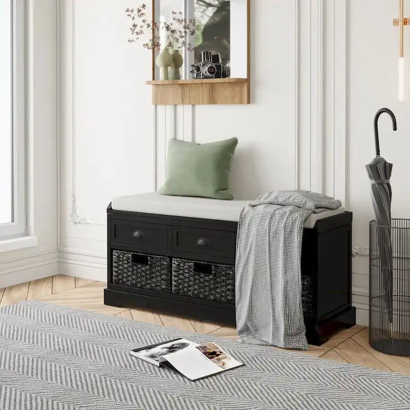 Banc de rangement en bois avec 3 tiroirs et 3 paniers