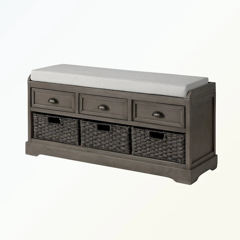 Banc de rangement en bois avec 3 tiroirs et 3 paniers