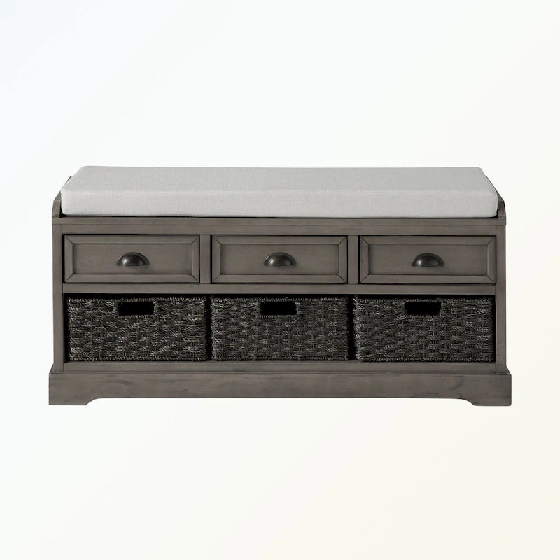 Banc de rangement en bois avec 3 tiroirs et 3 paniers
