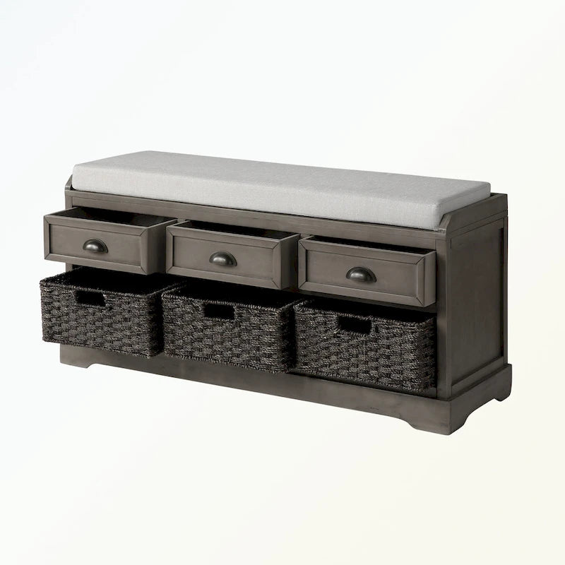 Banc de rangement en bois avec 3 tiroirs et 3 paniers