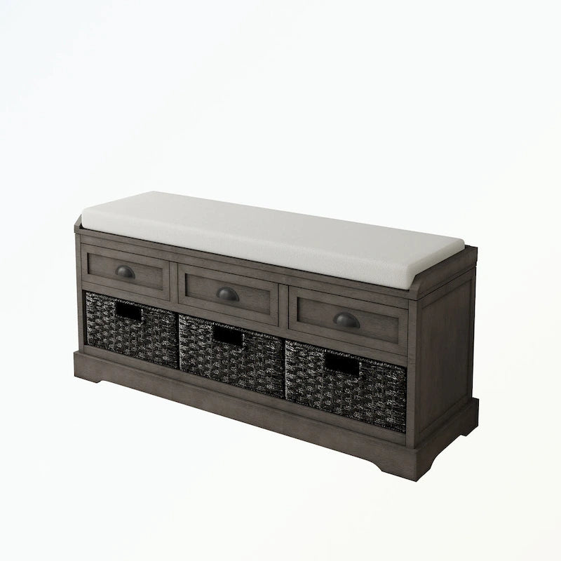 Banc de rangement en bois avec 3 tiroirs et 3 paniers