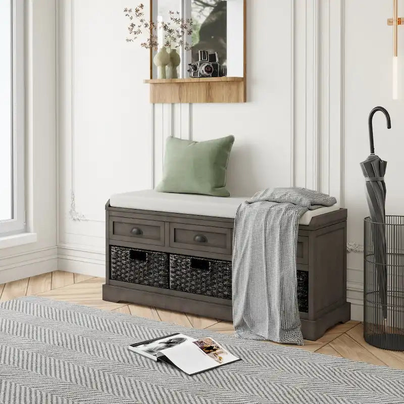 Banc de rangement en bois avec 3 tiroirs et 3 paniers