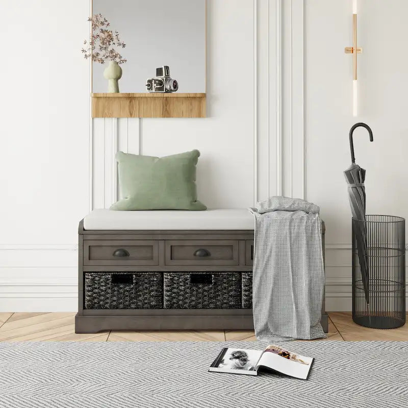 Banc de rangement en bois avec 3 tiroirs et 3 paniers