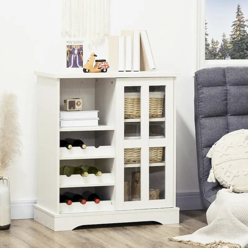 HOMCOM Buffet moderne, buffet de cuisine avec casiers à vin, porte coulissante en verre, étagères de rangement pour salon