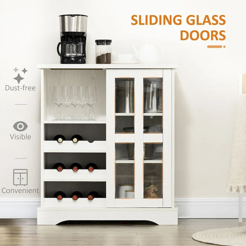 HOMCOM Buffet moderne, buffet de cuisine avec casiers à vin, porte coulissante en verre, étagères de rangement pour salon