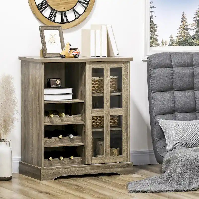 HOMCOM Buffet moderne, buffet de cuisine avec casiers à vin, porte coulissante en verre, étagères de rangement pour salon