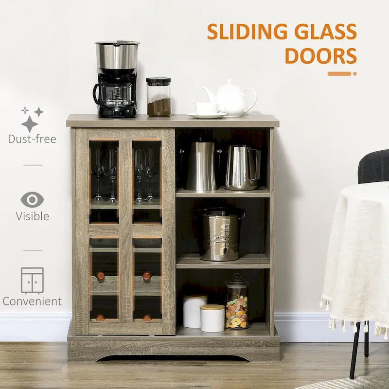 HOMCOM Buffet moderne, buffet de cuisine avec casiers à vin, porte coulissante en verre, étagères de rangement pour salon