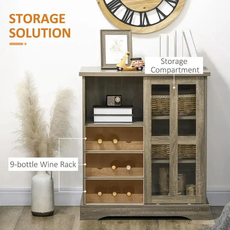 HOMCOM Buffet moderne, buffet de cuisine avec casiers à vin, porte coulissante en verre, étagères de rangement pour salon