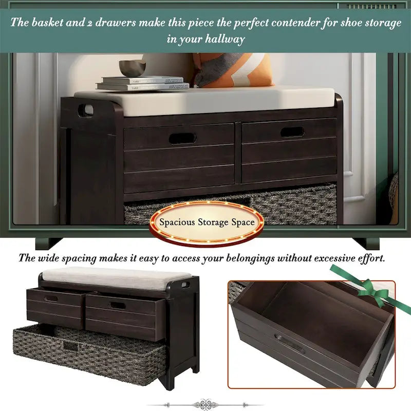 Banc de rangement en bois avec 2 paniers tressés par Harper&Bright Designs