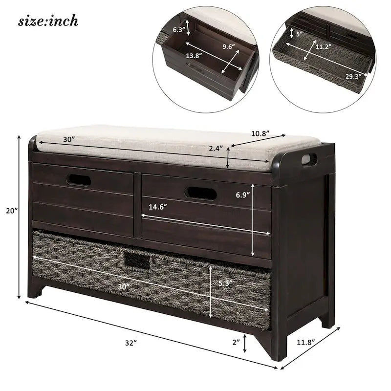 Banc de rangement en bois avec 2 paniers tressés par Harper&Bright Designs