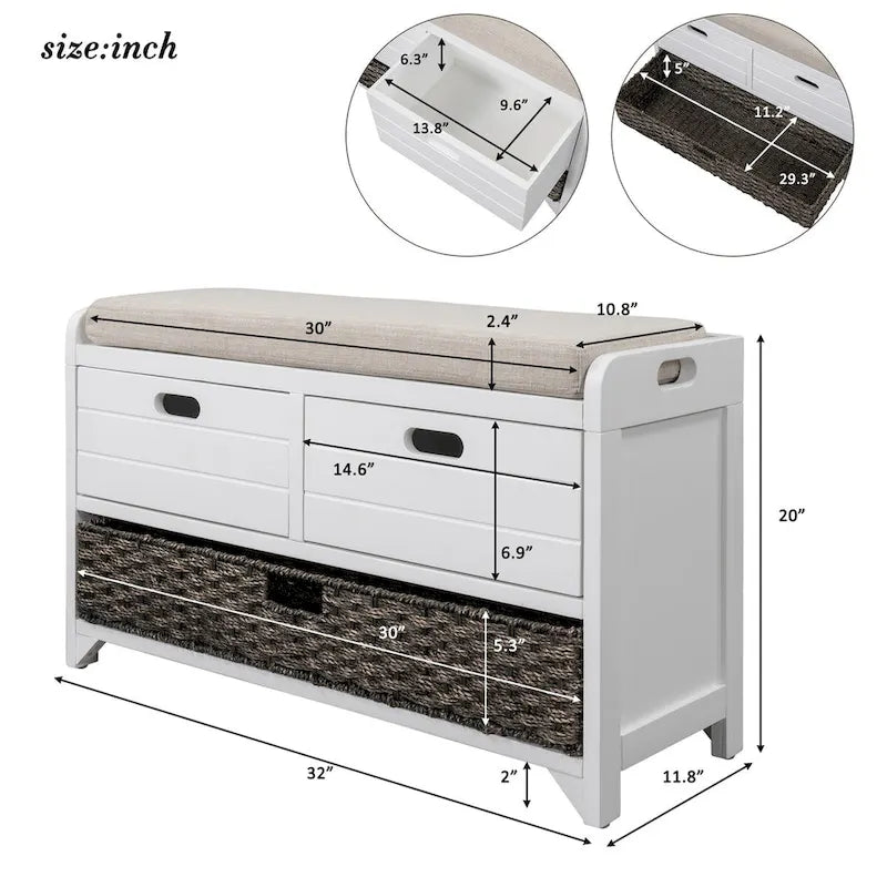 Banc de rangement en bois avec 2 paniers tressés par Harper&Bright Designs