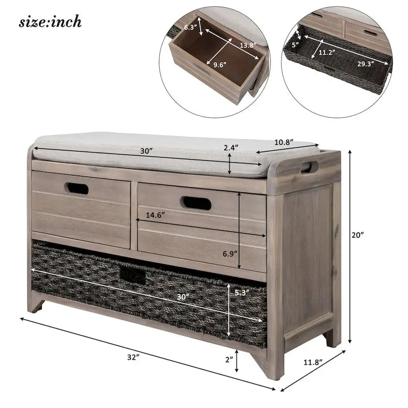 Banc de rangement en bois avec 2 paniers tressés par Harper&Bright Designs