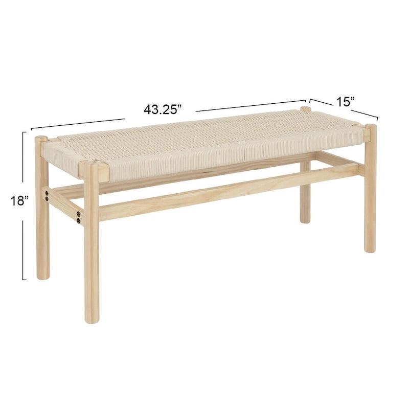 Banc d'entrée en bois massif et corde tressée Fernway - 43,3L x 15,0l x 18,0H