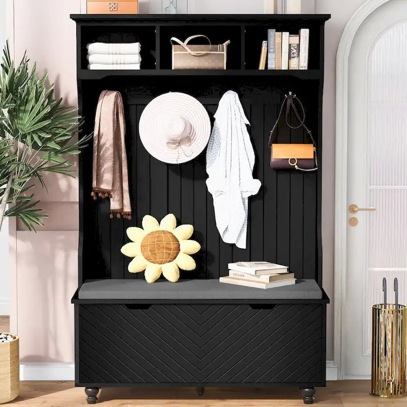 Banc d'entrée de 120 cm avec porte-manteau, coussin et 4 crochets robustes pour couloir, entrée, salon