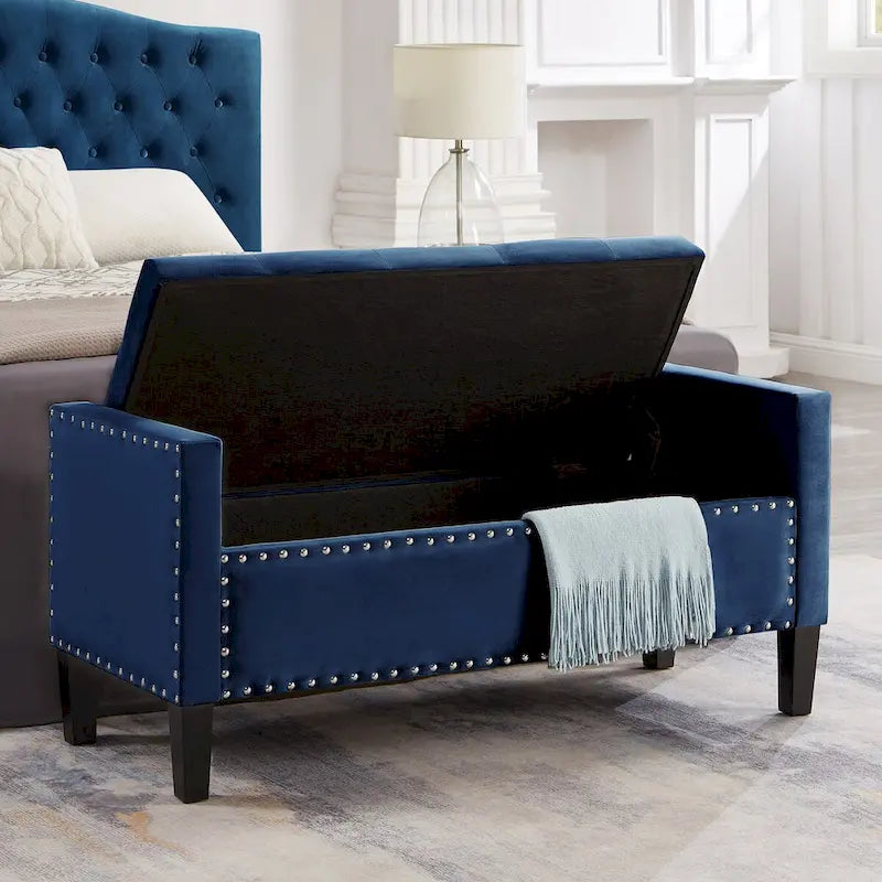 Banc de rangement capitonné GEITIN avec boutons touffetés et garniture cloutée
