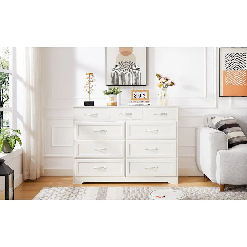 Commode de chambre à coucher, commode longue à 9 tiroirs avec poignées antiques, commode en bois pour chambre d'enfant, salon, entrée et couloir