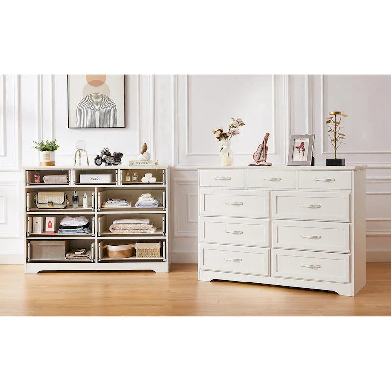 Commode de chambre à coucher, commode longue à 9 tiroirs avec poignées antiques, commode en bois pour chambre d'enfant, salon, entrée et couloir