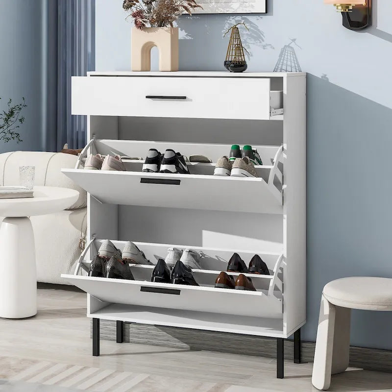 Meuble à chaussures, organisateur de rangement autoportant avec tiroirs et pieds en métal, meuble de rangement avec 2 tiroirs basculants pour entrée