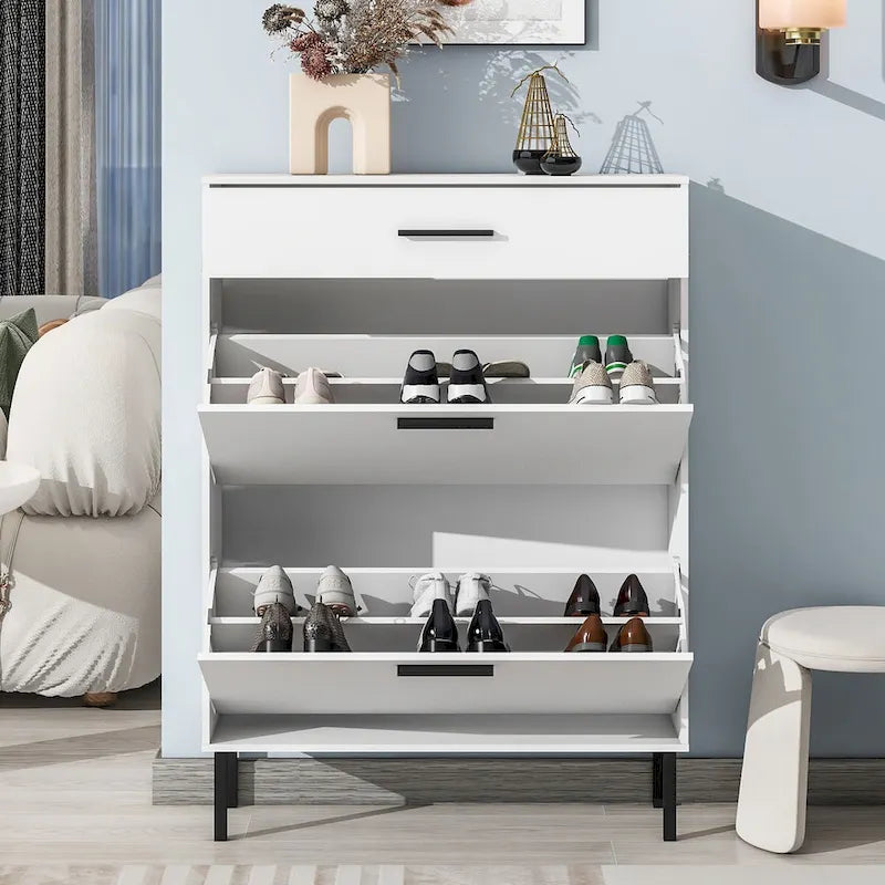 Meuble à chaussures, organisateur de rangement autoportant avec tiroirs et pieds en métal, meuble de rangement avec 2 tiroirs basculants pour entrée