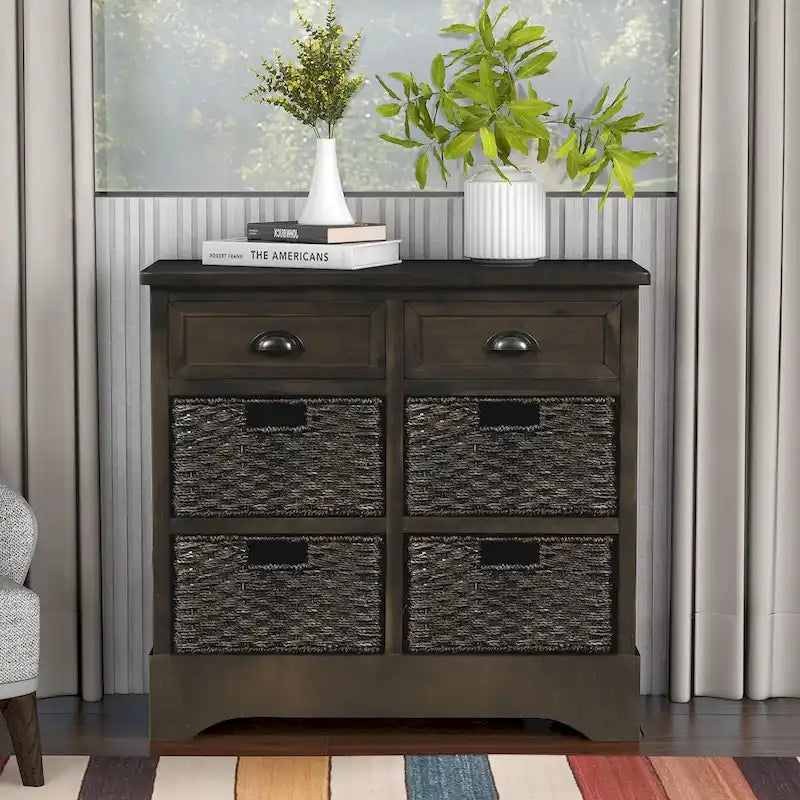 Meuble de rangement rustique avec deux tiroirs et quatre paniers classiques en rotin pour salle à manger/salon