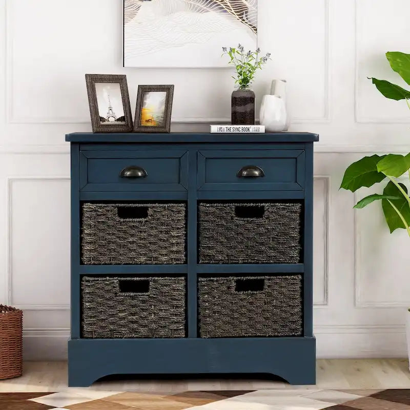Meuble de rangement rustique avec deux tiroirs et quatre paniers classiques en rotin pour salle à manger/salon