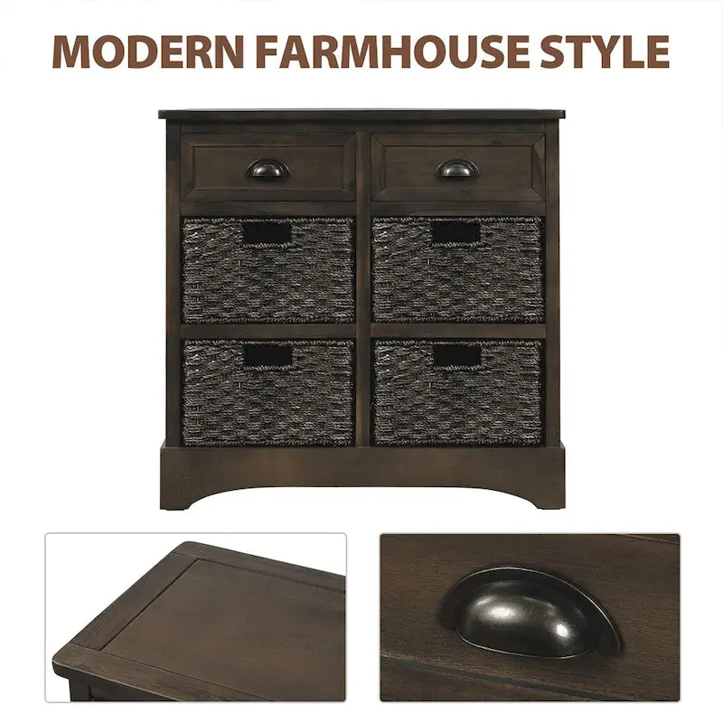 Meuble de rangement rustique avec deux tiroirs et quatre paniers classiques en rotin pour salle à manger/salon