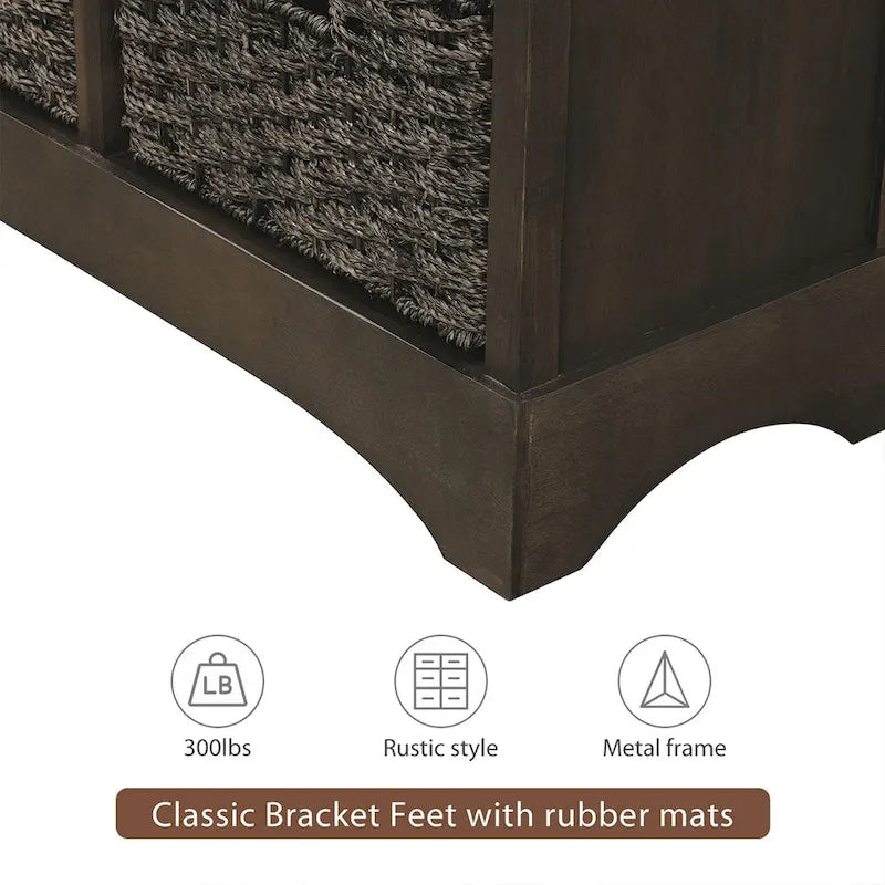 Meuble de rangement rustique avec deux tiroirs et quatre paniers classiques en rotin pour salle à manger/salon