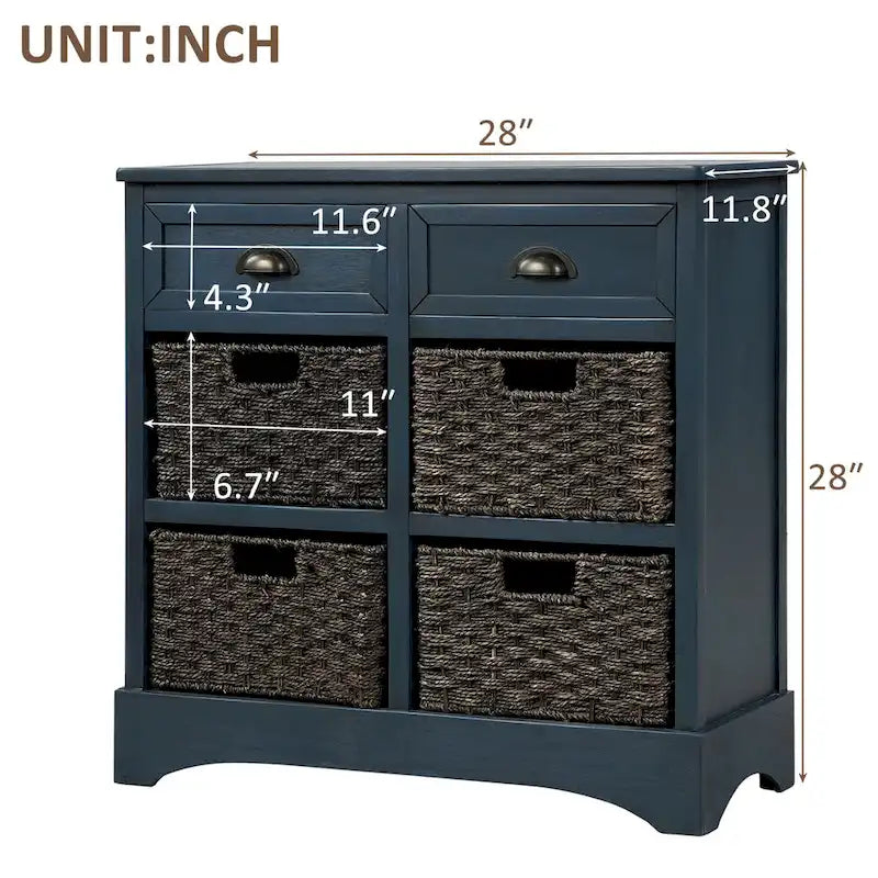 Meuble de rangement rustique avec deux tiroirs et quatre paniers classiques en rotin pour salle à manger/salon