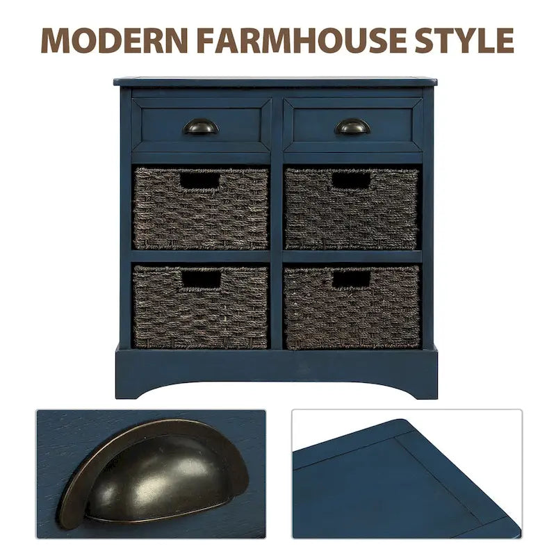 Meuble de rangement rustique avec deux tiroirs et quatre paniers classiques en rotin pour salle à manger/salon