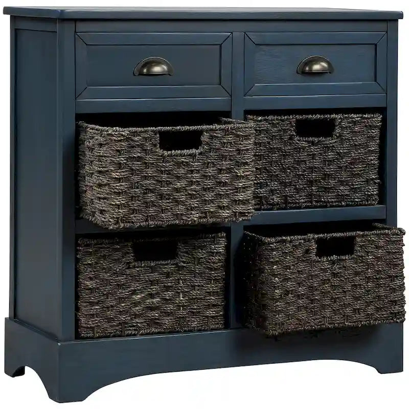 Meuble de rangement rustique avec deux tiroirs et quatre paniers classiques en rotin pour salle à manger/salon