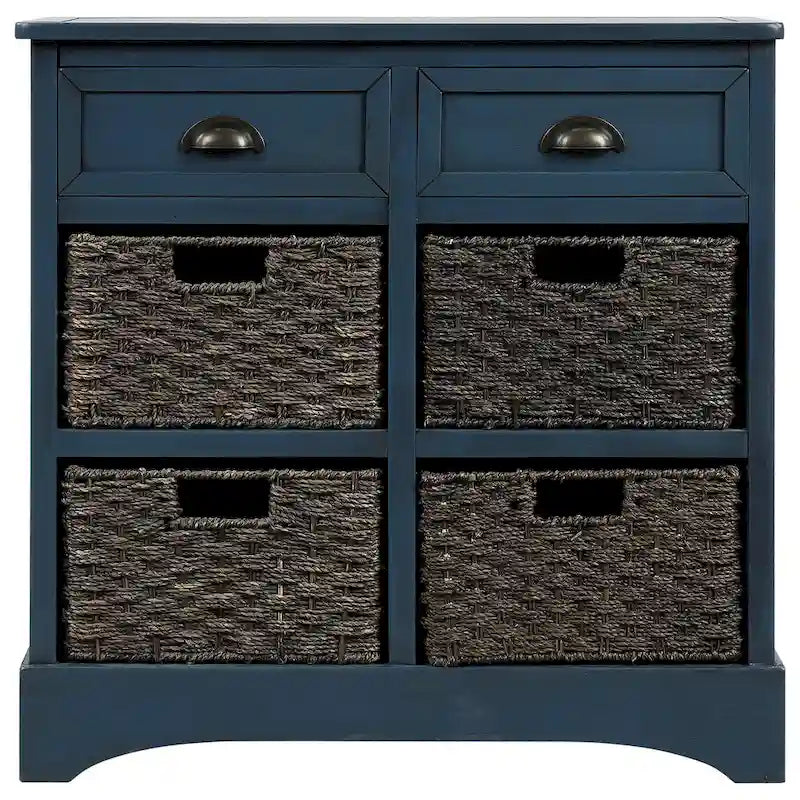 Meuble de rangement rustique avec deux tiroirs et quatre paniers classiques en rotin pour salle à manger/salon